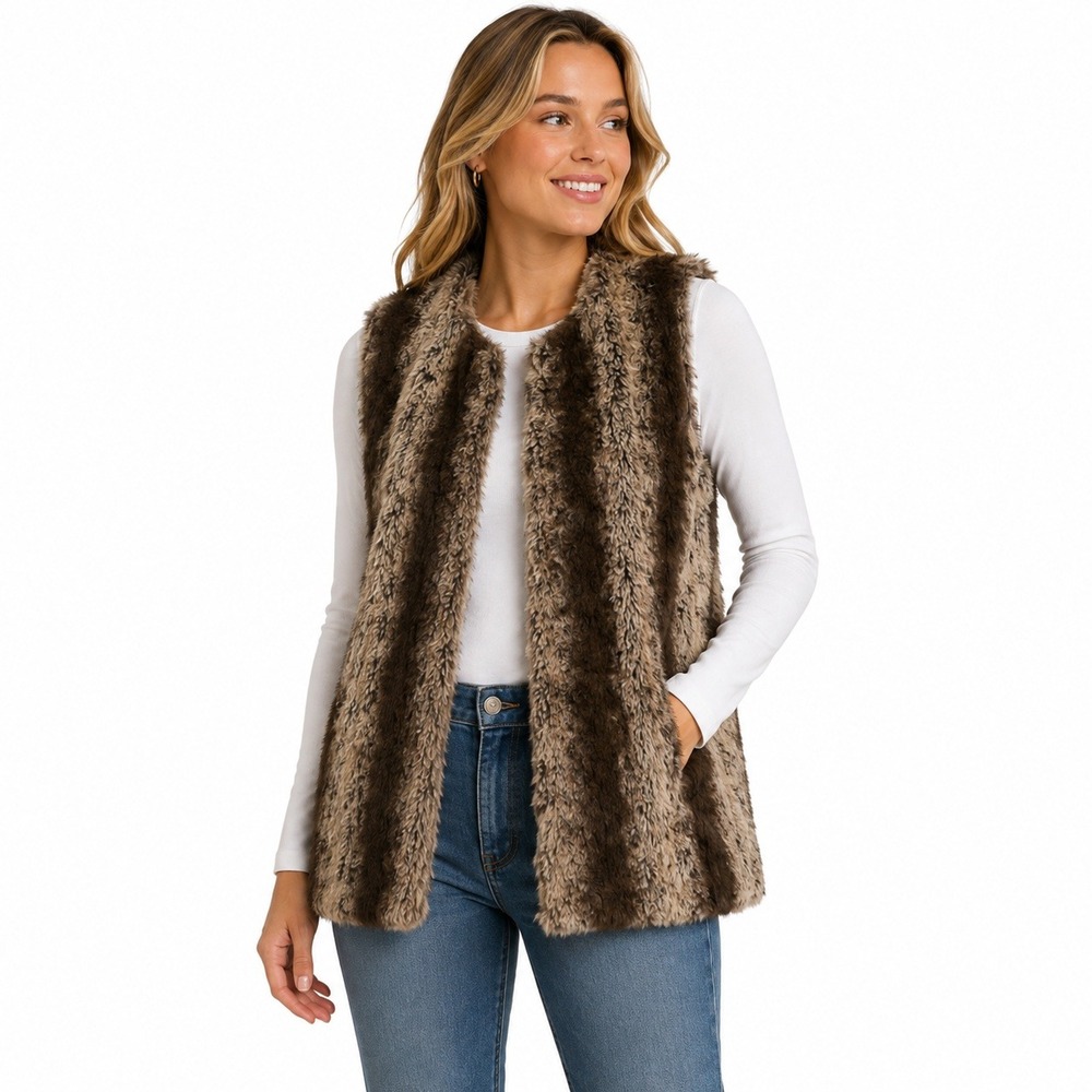 Betsey Johnson Faux Fur Vest Womens Medium Brown Tan Striped Open Front Glam